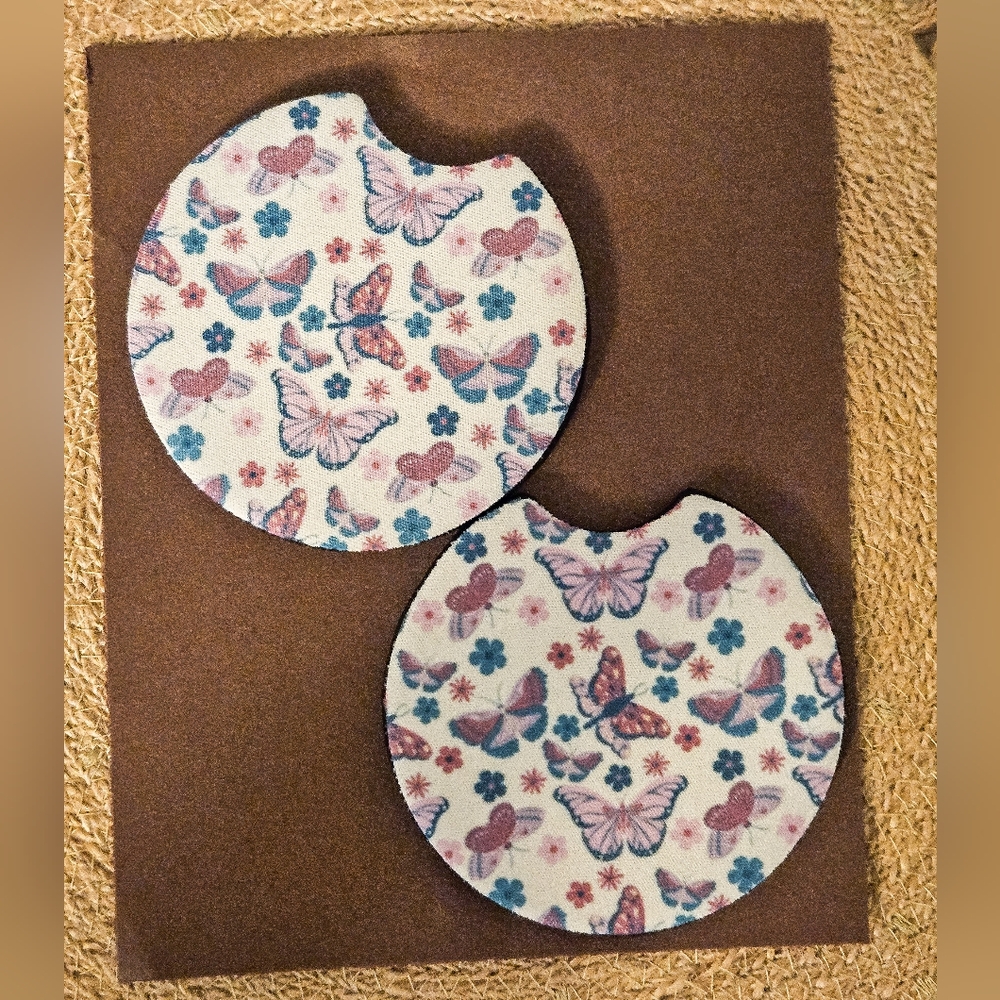 Butterfly Print Car Coasters- Set Of 2